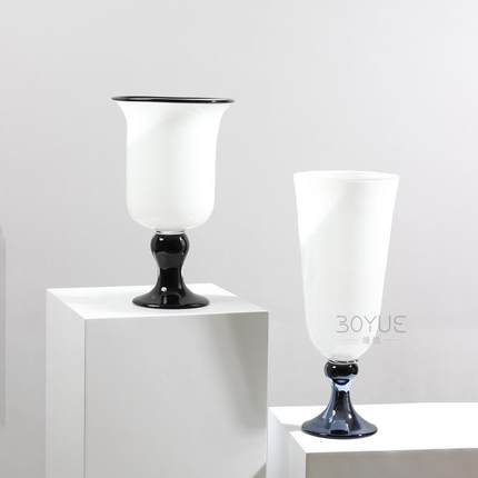 中古风黑白品色高脚口琉璃花瓶法式ql53a复古客拼厅插花艺术装大