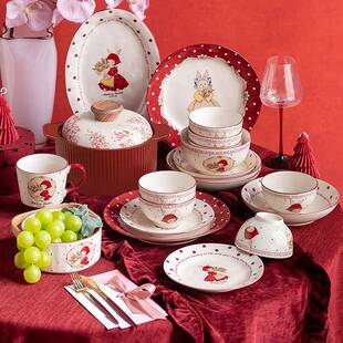 碗家用陶瓷碗碟装家用下彩釉盘子颜碗赫本兔全套高值饭碗菜盘汤盘