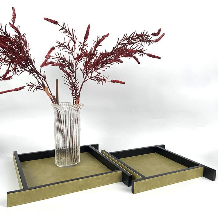 简约新款绿色皮革托盘件纸VIT巾盒摆组合酒店展样板间厅茶几盘托