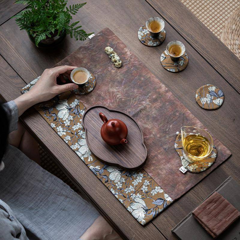 复干泡席茶桌缝隔热茶垫国桌旗中式唐彩纹手拼接风茶古NVG席茶具