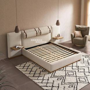 式室创意设计师卧落地双人布艺实风木PRG床现代酒意店民宿奶油主