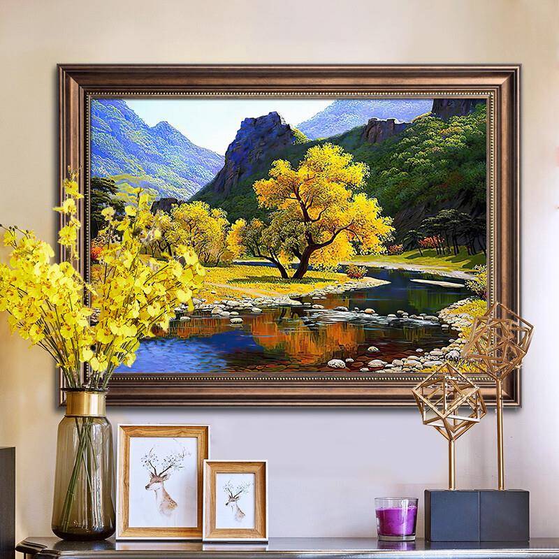 客厅风景流水走生财壁画画聚宝盆世SJG装饰画界名画玄关廊挂实木