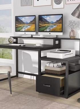 台式双层电脑带抽房屉办公43686室落地一体桌放收打印桌机家用书