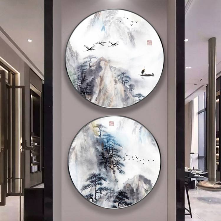迎客松 新中式圆形客厅装饰画水墨书房挂画山水飞鸟风景茶室壁画图片