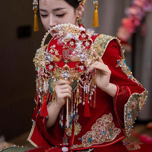 新品团扇成婚新娘秀禾手工婚扇9139流中式喜扇红色苏品团扇结9139