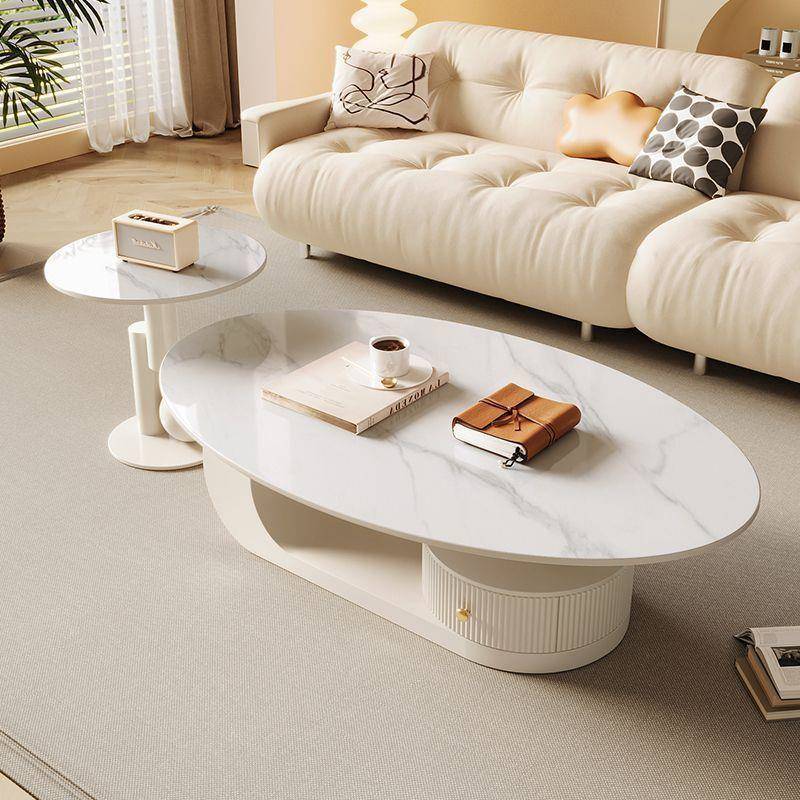 2234茶Rtd奶油岩板椭圆形几客厅铁艺茶几小户型新网红款茶风桌边