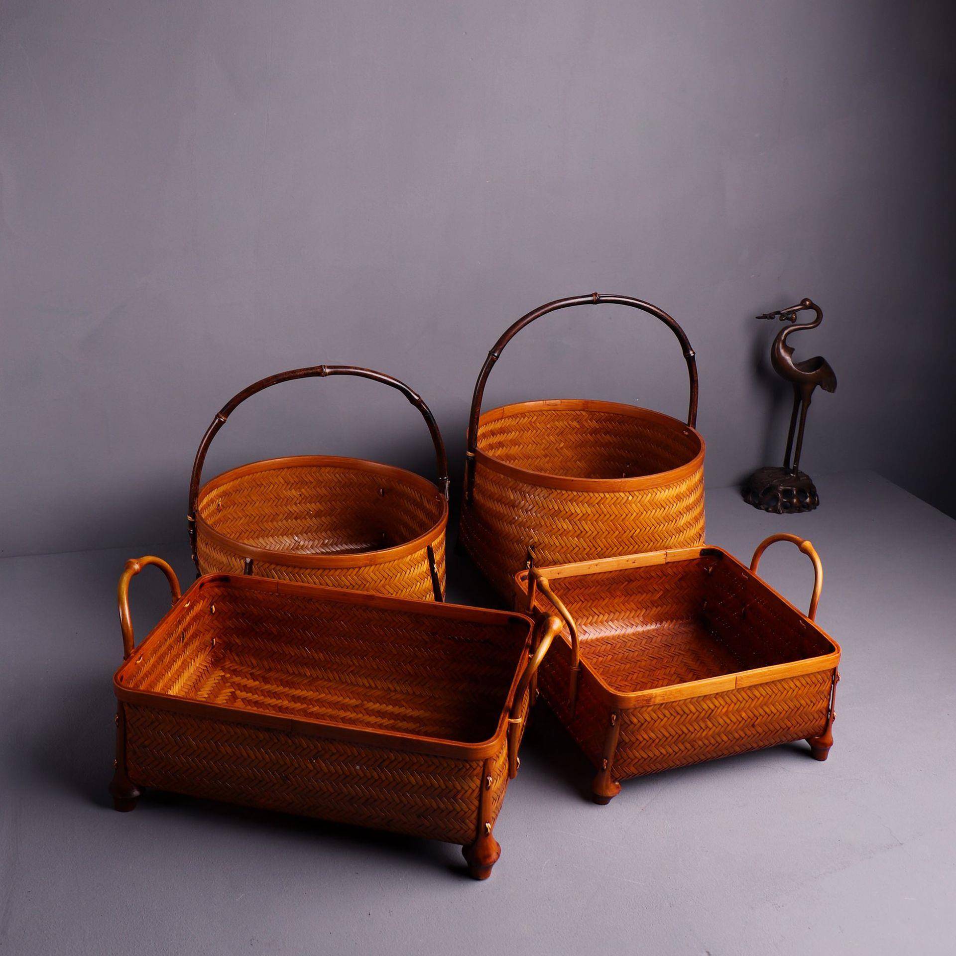 竹编收纳筐大漆具桌面纳38497盒茶室桌茶面水果中式收手工竹篮子提篮