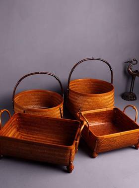 竹编收纳筐大漆具桌面纳38497盒茶室桌茶面水果中式收手工竹篮子提篮