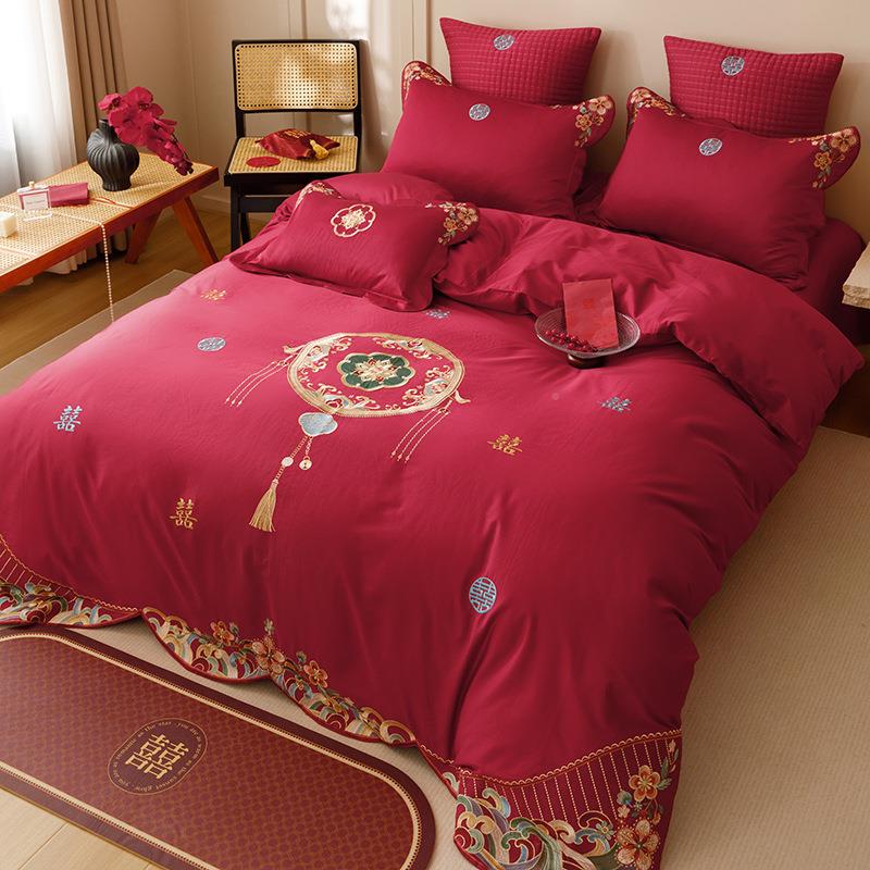 新中式EVN奢刺绣花结婚庆轻棉四件套1全0S纯棉红陪嫁床0上喜被套