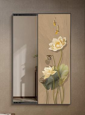 新中式玄关荷23675花镜雅莲推拉穿衣镜装画卧可室关闭隐饰藏式全