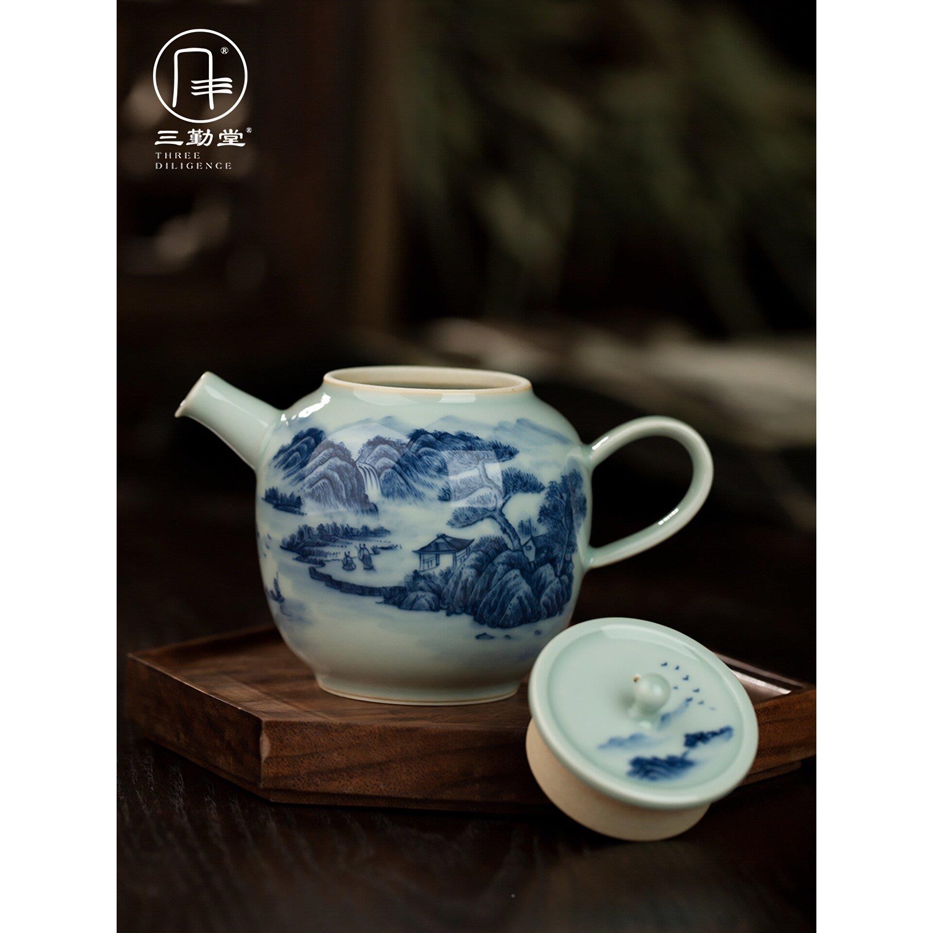 过仿古青花山水茶壶花青纯手工壶泡茶茶家用单人容量滤功夫茶具单