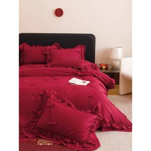 甜蜜之约婚庆四件套全花体蝴蝶棉结法式 边结婚被套床FNW立单床上