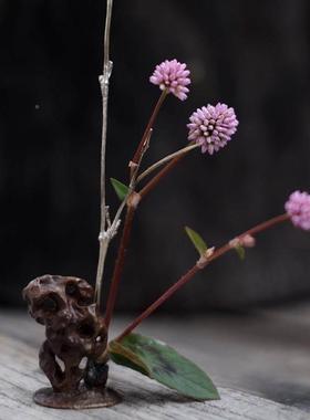 足银香999纯手工银竹叶摆太湖石黄铜茶插台摆JCK件茶件具茶器 清