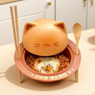 猫咪泡餐碗学造生宿舍带盖防烫猫咪泡面陶瓷碗具卡通型一人食方便