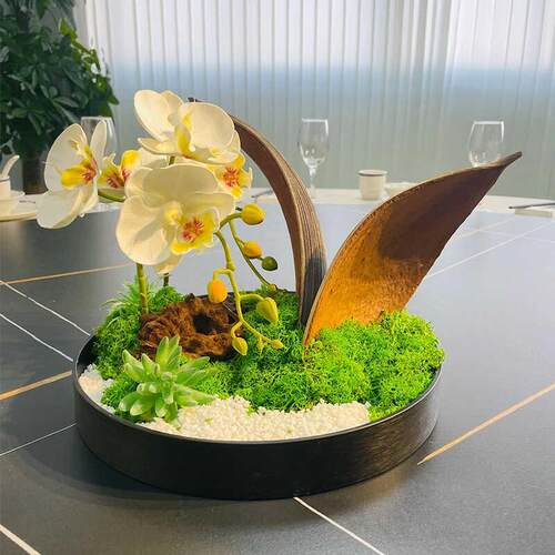 酒店大型圆桌桌插花转盘中间人造JSI人造新式桌中花式典雅花装饰