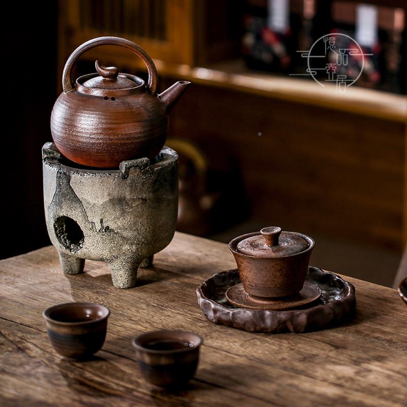 柴烧粗陶纯手提梁烧壶水壶侧煮茶家用电陶炉套装户外拉茶炭一滴水
