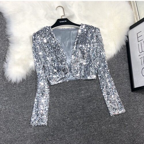 bling jacket sequin suit jacket银色演出服亮片上衣西装外套女