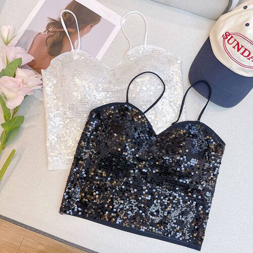 Seamless glitter halter bodysuit无痕亮片上衣带胸垫吊带背心女