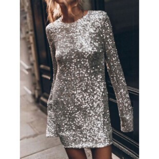 休闲亮片短裙长袖包臀连衣裙Sparkly Long Sleeve Bodycon Dress