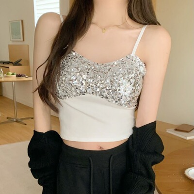Strap sequin vest short top 设计感吊带亮片背心短款上衣裹胸女