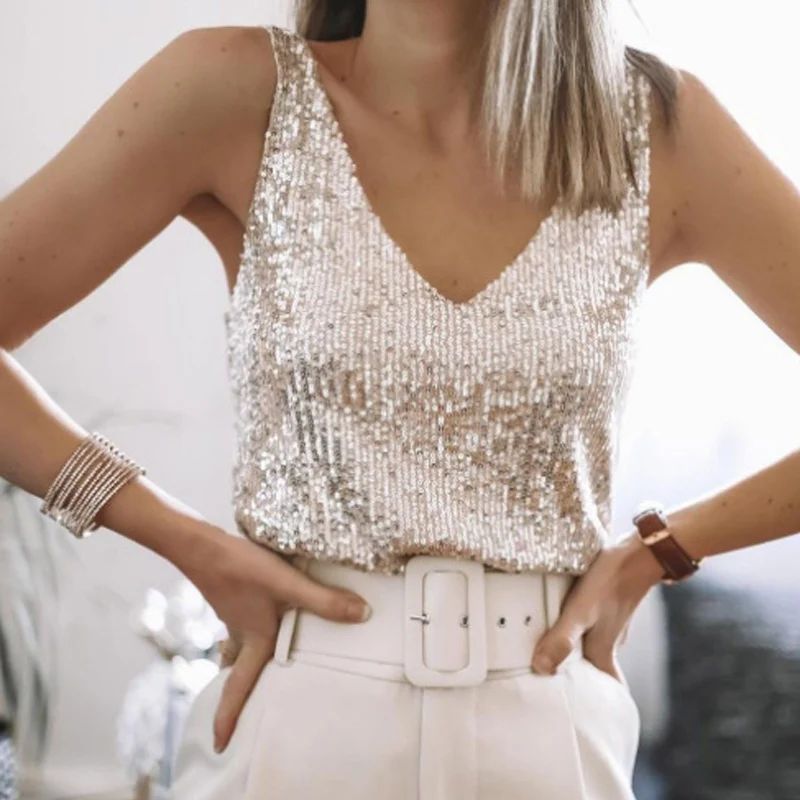 sequin top glitzer sequinedtop闪闪上衣V领亮片背心银色上衣女