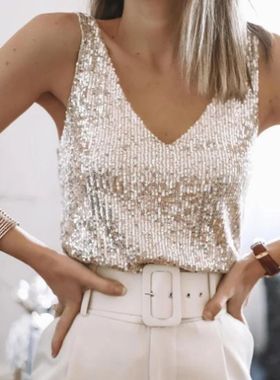 bling sequin top闪闪亮金色银色大码性感舞台吊带亮片上衣背心女