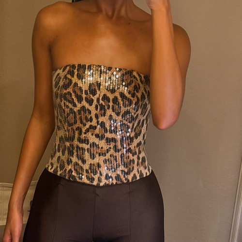 Leopard print bead high waisted vest性感豹纹珠片高腰小背心女