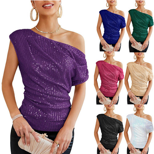 Glitter vest pleated short sleeved top亮片背心褶皱短袖上衣女