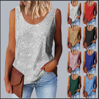 Flared round-neck top with sequins闪闪亮片上衣宽松圆领背心女