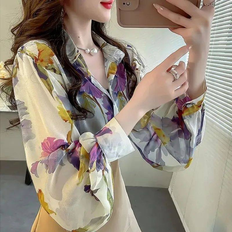 Lantern sleeve retro chiffon shirt top灯笼袖复古雪纺衫上衣女