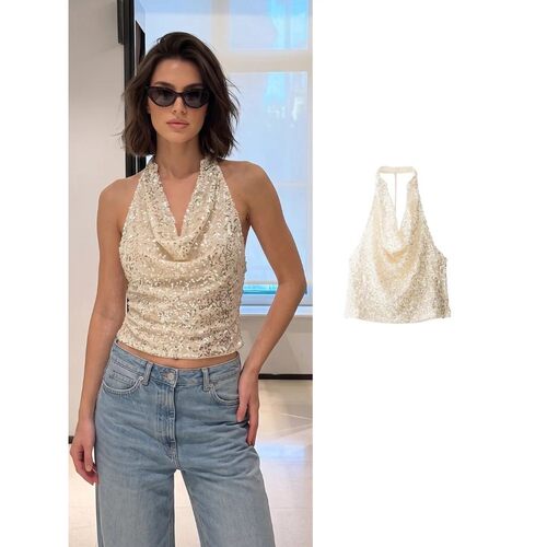 亮片背心挂脖领上衣女Bead sequin vest neck hanging collar top