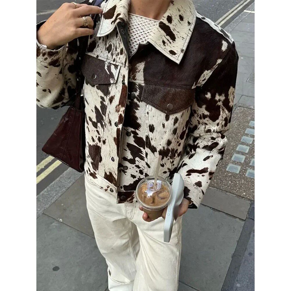 Flip collar printed shirt jacket women翻领印花衬衣夹克外套女