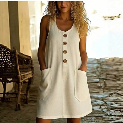 休闲纯色纽扣无袖连衣裙女士 Casual button up sleeveless dress