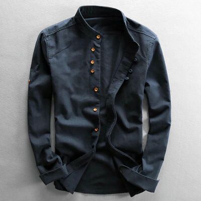 Retro stand up collar button up shirt 复古立领纽扣长袖衬衫男