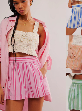 Striped shorts beach straight leg pants 条纹短裤沙滩直筒裤女