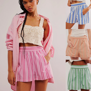 Striped shorts beach straight leg pants 条纹短裤沙滩直筒裤女