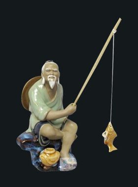 陶瓷渔夫钓鱼摆件 坐渔假山流水花园庭院客厅招财开业礼品摆设品