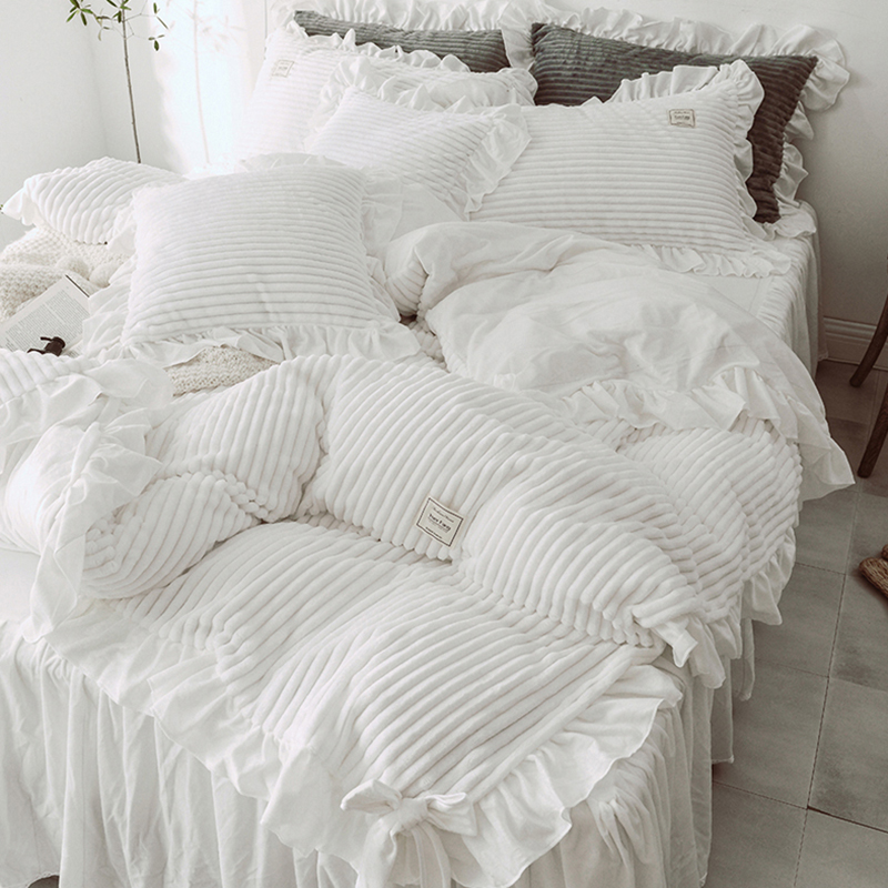 冬季网红款床上用品四件套绒面珊瑚绒双面绒被套R公主风床单法兰