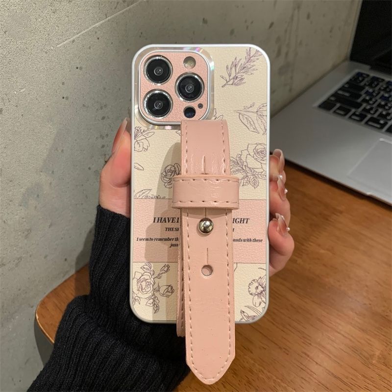 适用iPhone13手机壳高级14promax复古12花朵腕带11电镀xs皮质XR立体全包镜头防摔苹果15promax女款网红plus