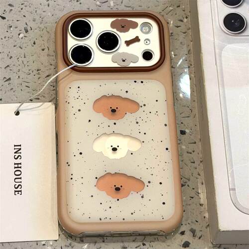 棕框白底泼墨三狗头ins韩风适用苹果17手机壳iPhone17promax新款16防摔18pro保护套15全包镜头16pm小众高级感