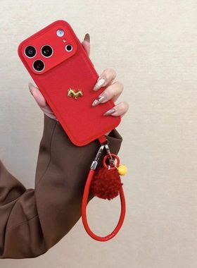 简约皮质新年喜庆红色荔枝纹金色小马适用于苹果17ProMax手机壳女iPhone16pro手绳15promax14/13promax保护套