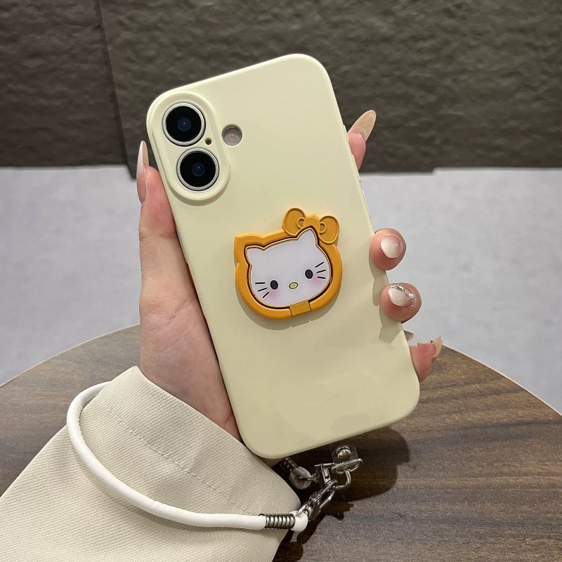 米白色KT猫支架适用于iPhone16promax苹果17/13手机壳15/11手绳14软壳12