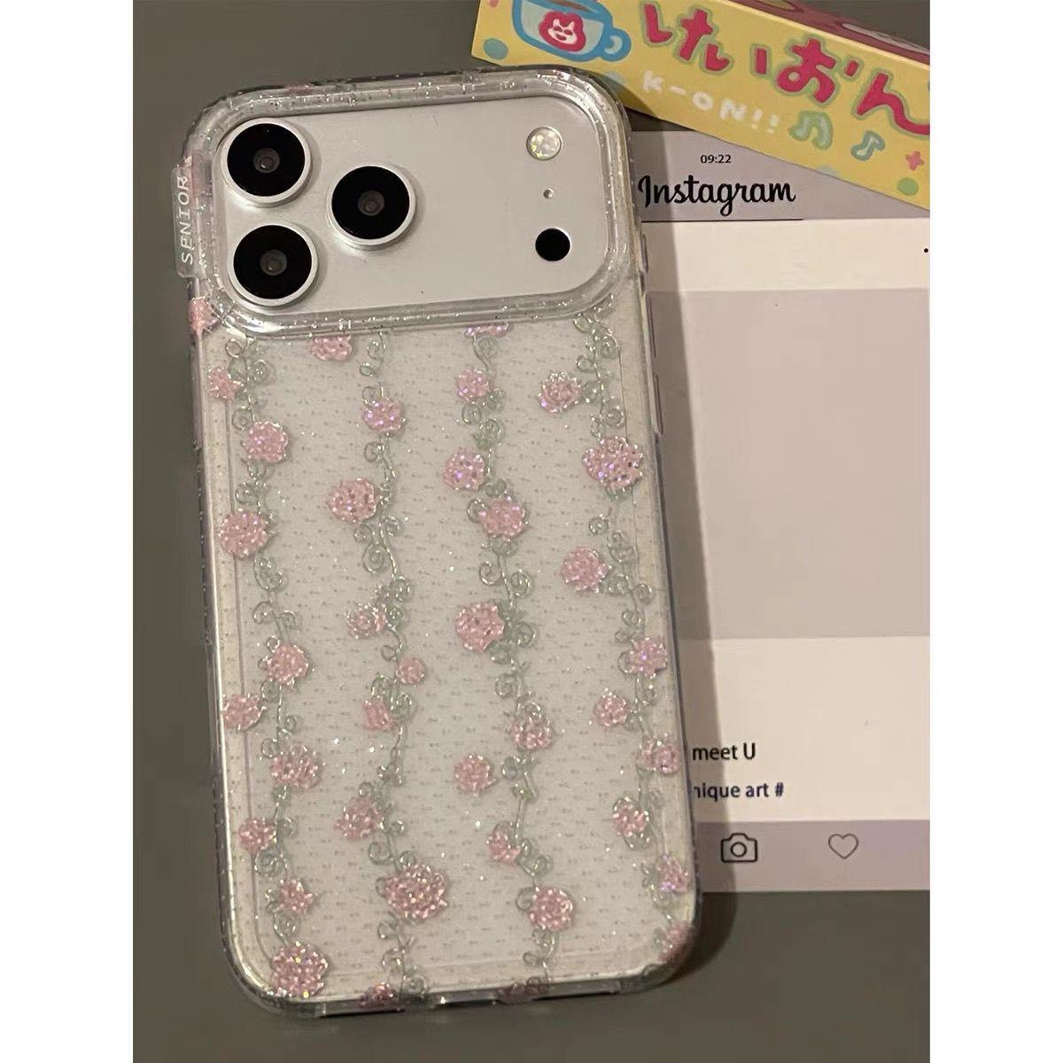 细闪粉高级感鎏金钻纹玫瑰花朵适用于iphone17promax苹果17手机壳15新款16pro女17pm少女心半透硅胶防摔软壳