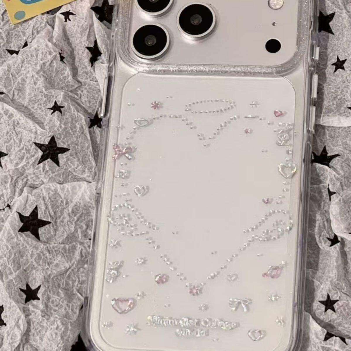 韩系透明闪粉鎏金彩钻爱心适用苹果17promax手机壳iphone16pro新款15带挂绳14气囊双层13女17全包防摔保护套