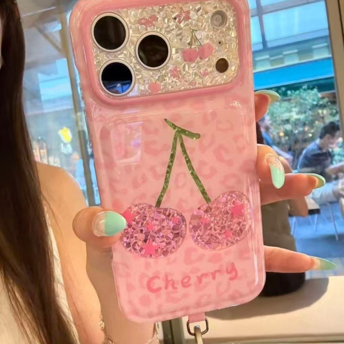 韩系甜酷粉色豹纹钻石纹樱桃适用苹果17promax手机壳iphone16pro新款15女17pro挂绳15pro全包防摔手机套