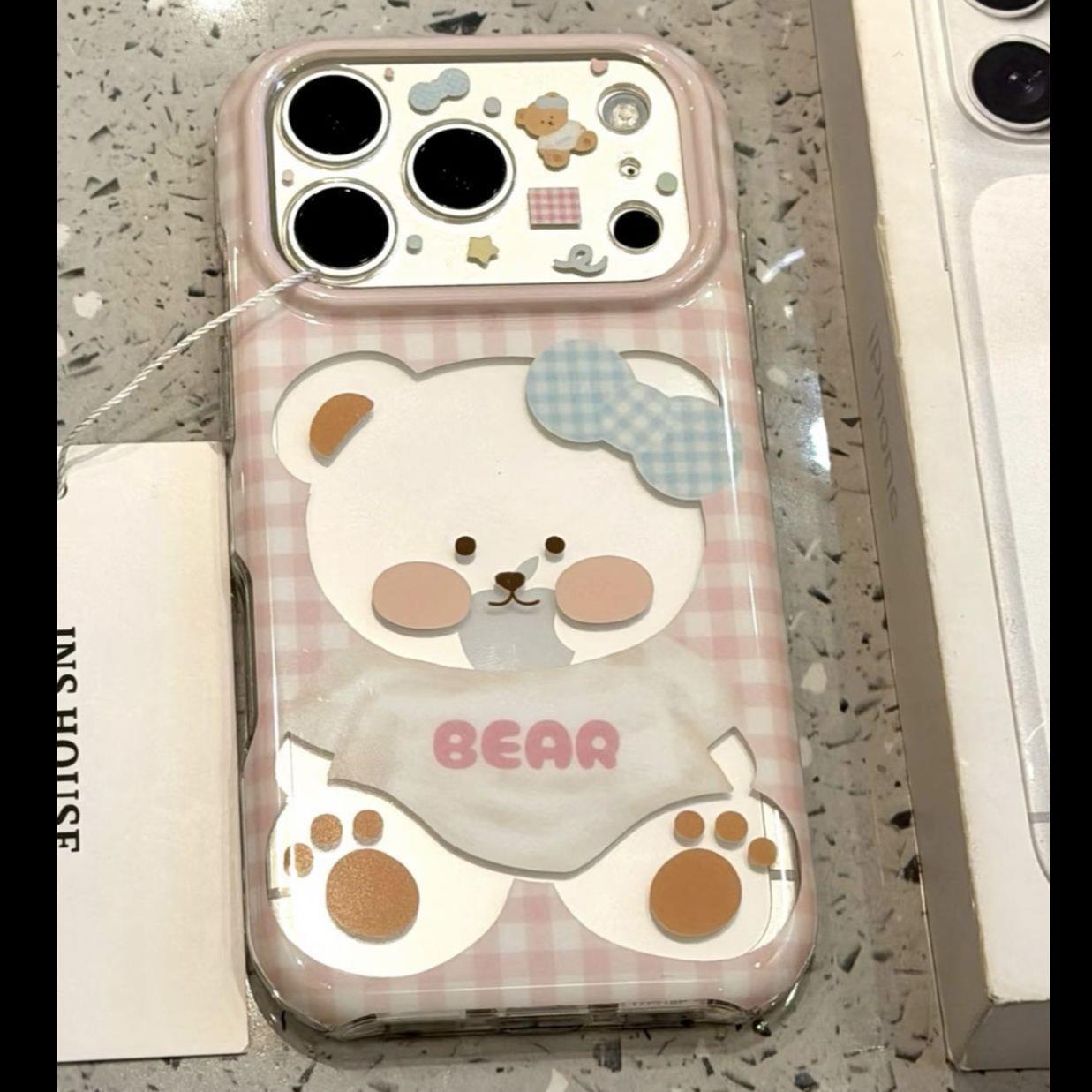 可爱蓝格纹蝴蝶结镂空小熊圆边双层适用苹果18promax手机壳iPhone17Pro新款保护套16/15/14全包硅胶防摔日韩