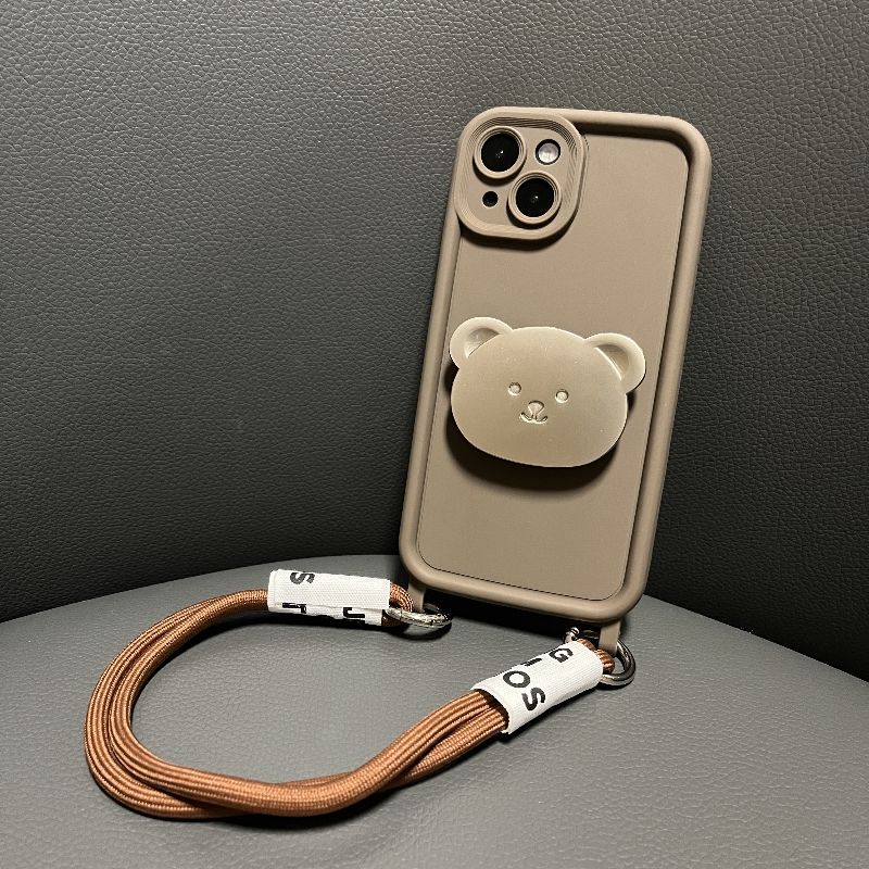 深咖色金属熊支架手提绳适用苹果14promax手机壳秋冬款iphone13全包硅胶15pm腕带plus高级防摔11女款