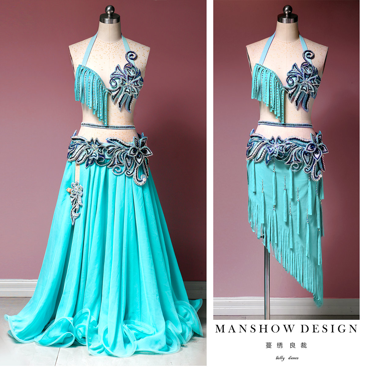 速发蔓绣肚皮舞鼓装双款演出服流苏服舞短裙大摆裙新裙切换套装