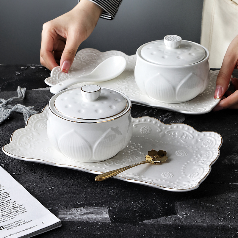 速发上窝炖盅碗陶瓷位燕汤盅边盖金带商用甜品罐餐厅小号隔水炖汤