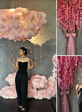 速发场色花朵云拍饰道具打卡点粉景布置装饰咖啡店吊照情人节